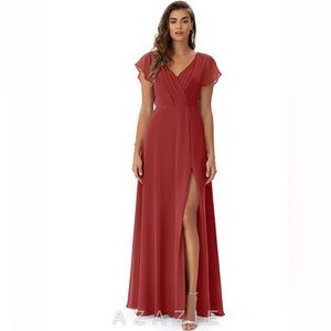 Azazie Rylee A-Line Pleated Chiffon Floor-Length Bridesmaid Dress- Rust